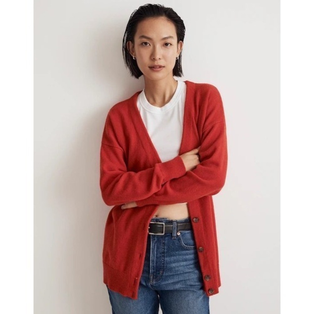 Madewell V-Neck Relaxed Cardigan Wool Blend Hthr Poppy XS Extra Small